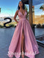 Sexy Satin Spaghetti Straps V-Neck Sleeveless Side Slit A-Line Long Prom Dresses,PD3691