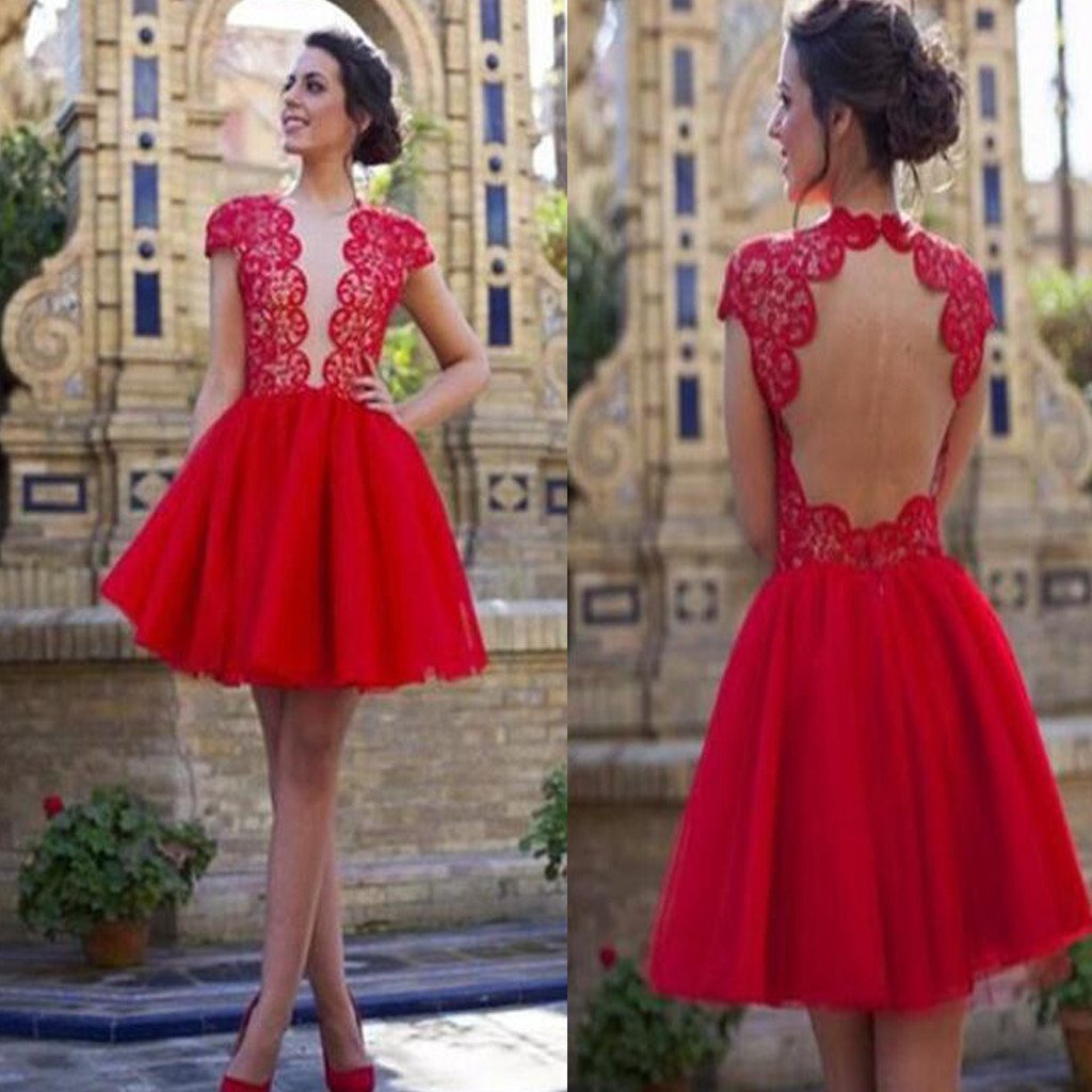 popular blush red open back sexy with short sleeve cocktail homecoming prom dress,BD00133