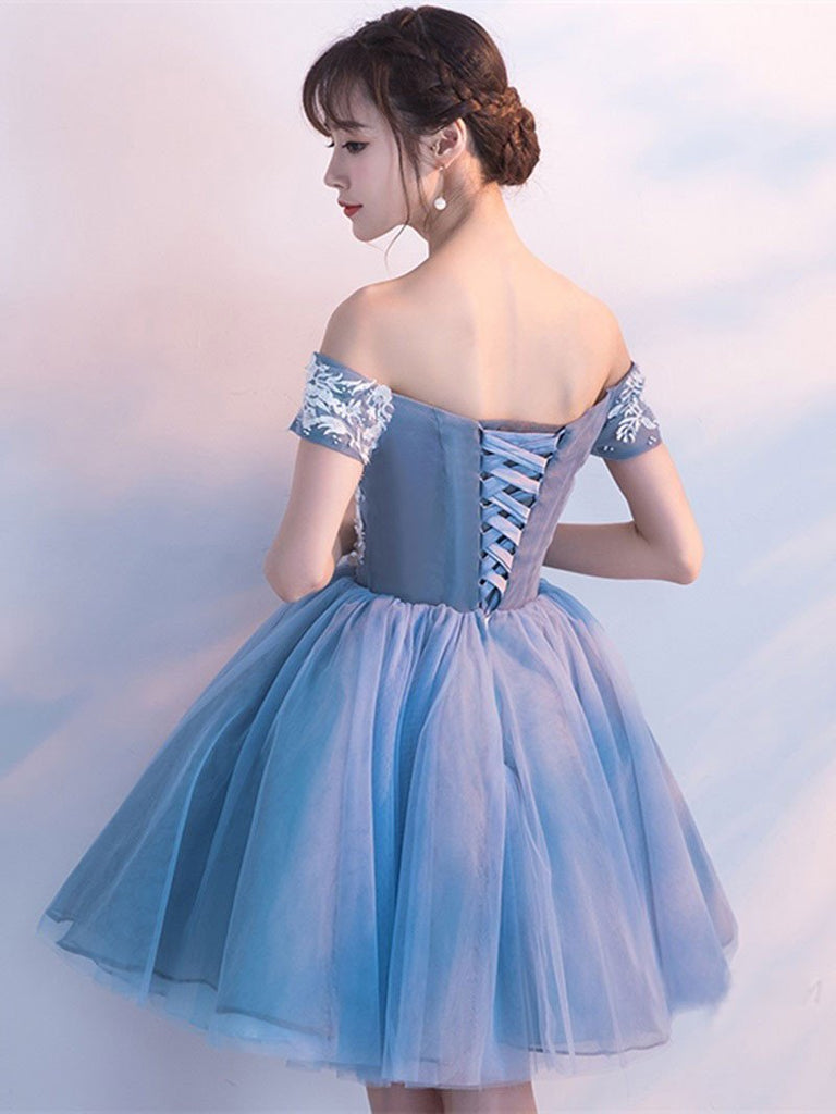 Cheap Blue Off Shoulder Lace Cute Homecoming Dresses, CM446 - SposaBridal