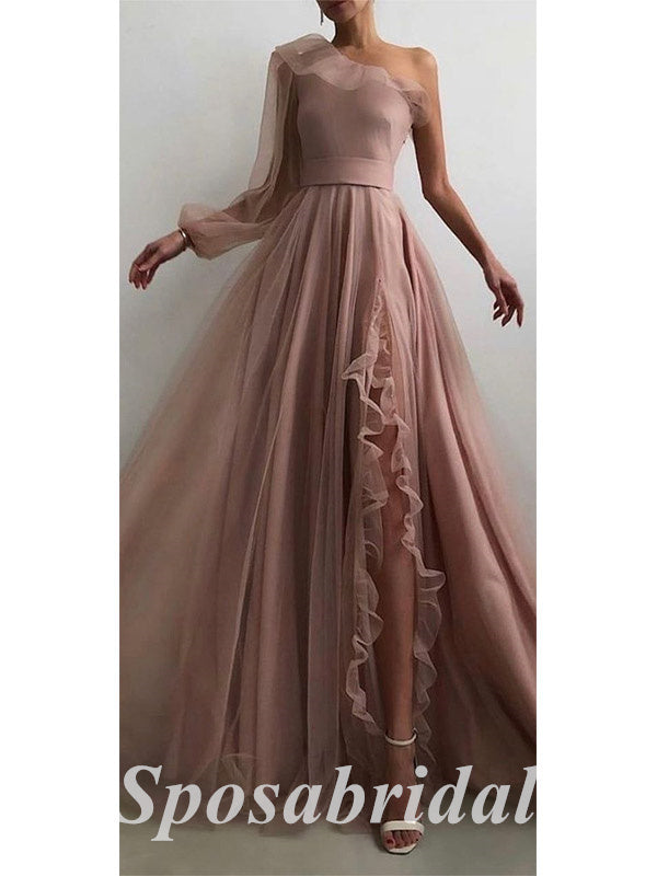 Elegant Tulle And Chiffon One Shoulder Long Sleeves Side Slit A-Line Long Prom Dresses,PD3641