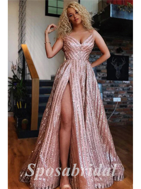Sexy Sequin Tulle Spaghetti Straps V-Neck Sleeveless Side slit A-Line Long Prom Dresses, PD3603