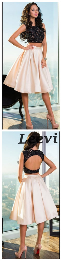 Sexy Open Back Two Piece Lace Black Homecoming Dresses, CM493