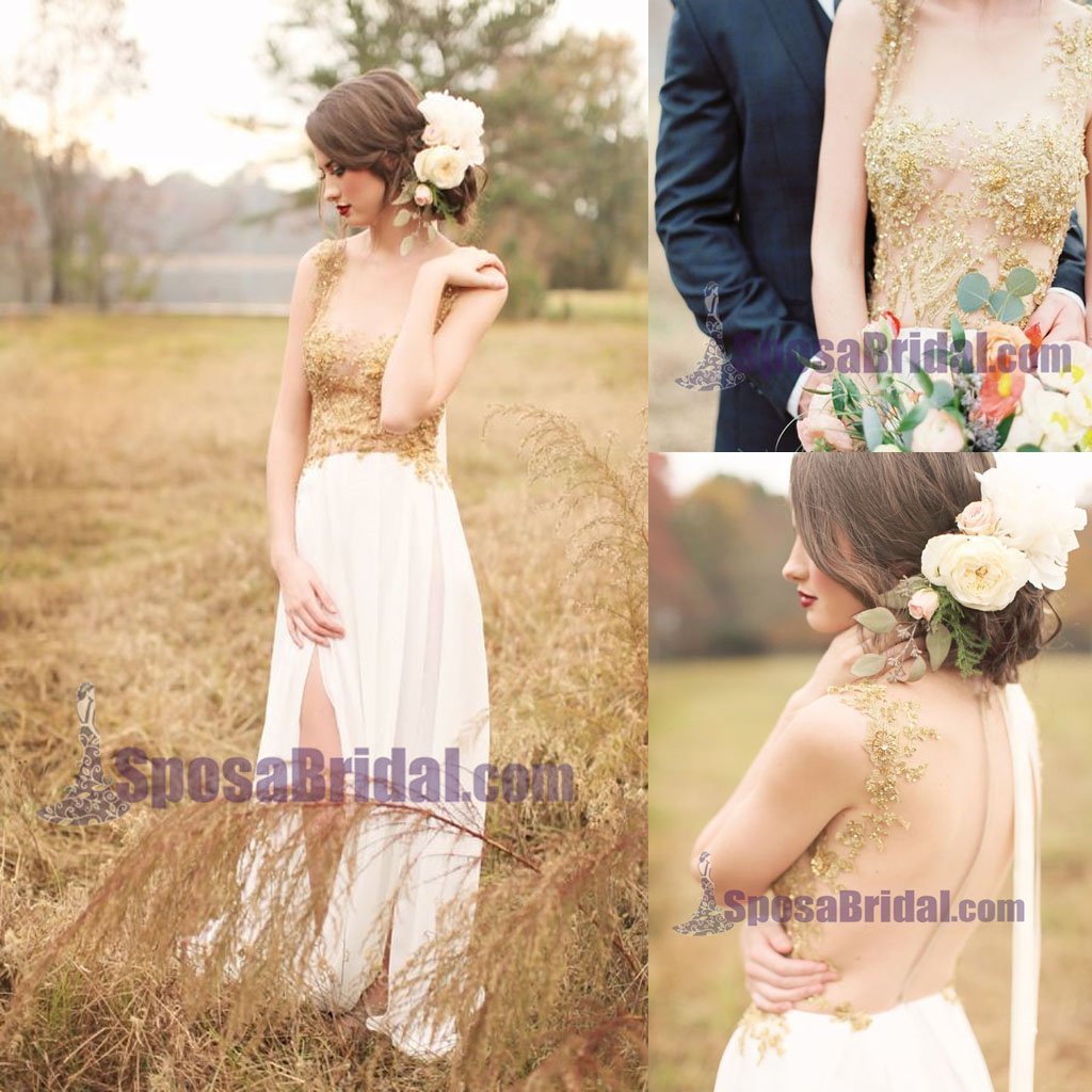 Custom Long Gold Stunning Chiffon Soft  Side Split Pretty Wedding dresses, Bridals Dress, PD0614
