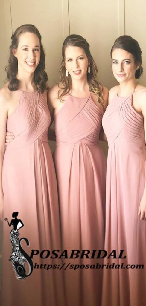 Glamorous Chiffon Halter Floor-length A-line Dusty Pink Cheap Modest Bridesmaid Dresses,WG335