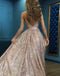 Charming Spaghetti Straps V-neck A-line Sparkly Modest Prom Dresses, PD0931