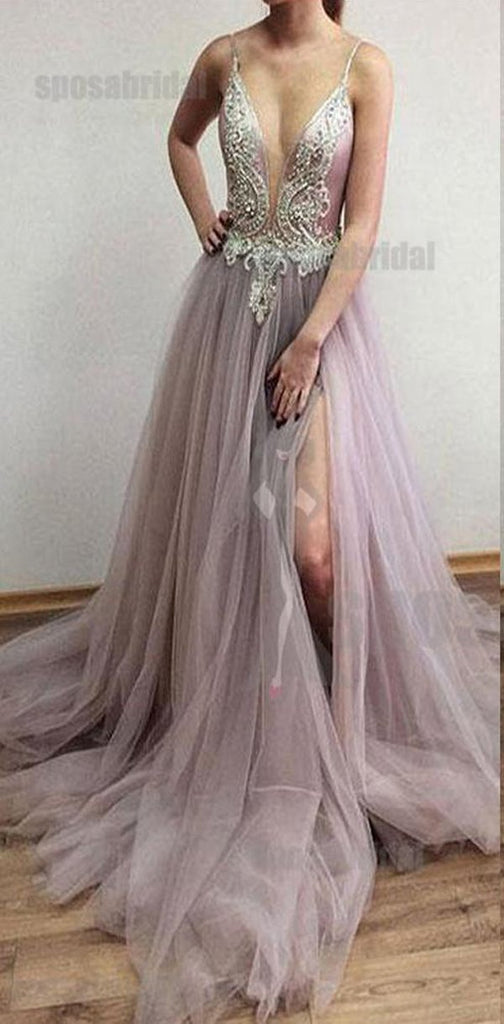 Spaghetti Straps Tulle Side Slit Fashion Popular Modest High Quality Prom Dresses, Evening dresses,  PD0589
