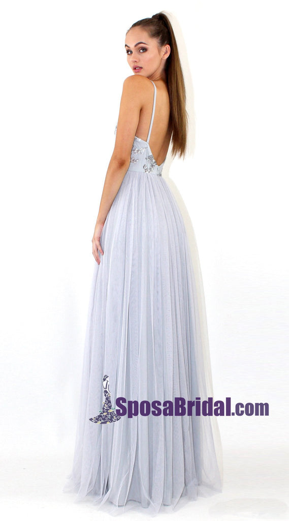 Silver Grey Long Tulle Sequin Straps Sexy Elegant Prom Dresses, Most Popular Prom Dress, hot sale evening dresses, PD0724