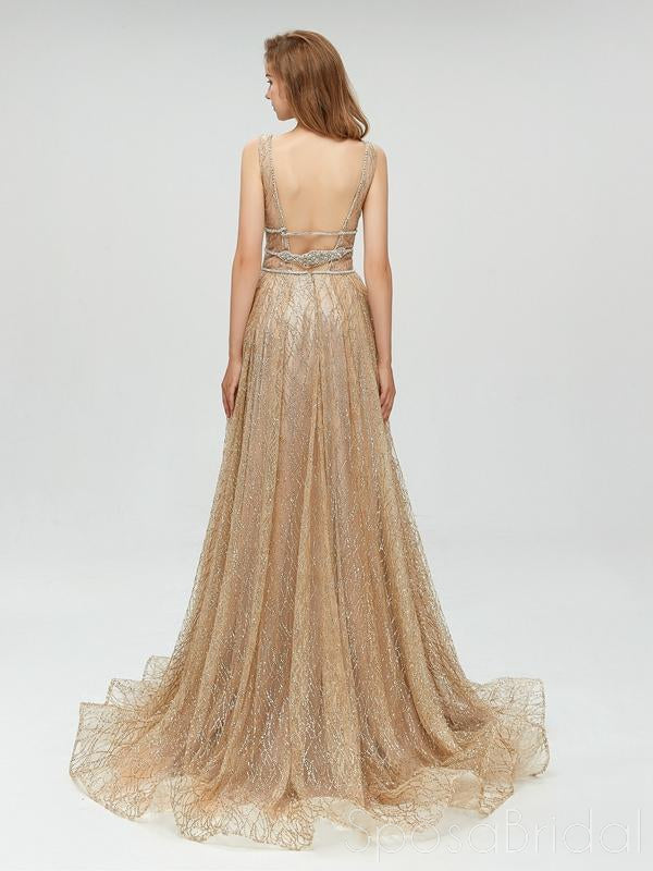 Sexy Sparkly Champagne Gold Elegant Deep V-neck Open Back Prom Dresses, PD0685