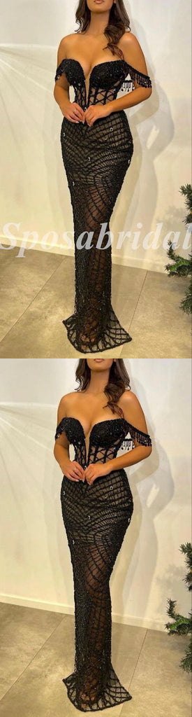 Sexy Tulle And Sequin Off Shoulder V-Neck Sleeveless Mermaid Long Prom Dresses With Beading,PD3642