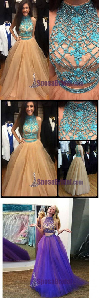 Tulle Two Piece High Neck Popular Custom Prom Dress, Party Dress, PD0320