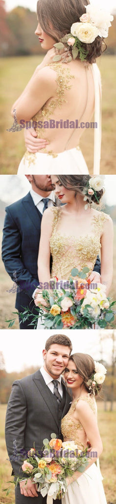 Custom Long Gold Stunning Chiffon Soft  Side Split Pretty Wedding dresses, Bridals Dress, PD0614