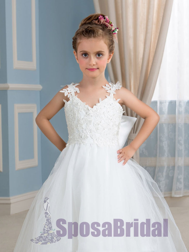 Cheap Comfortable Tulle Straps Lace Appliques Flower Girl Dresses with bow , Junior Bridesmaid Dresses, FG105 - SposaBridal