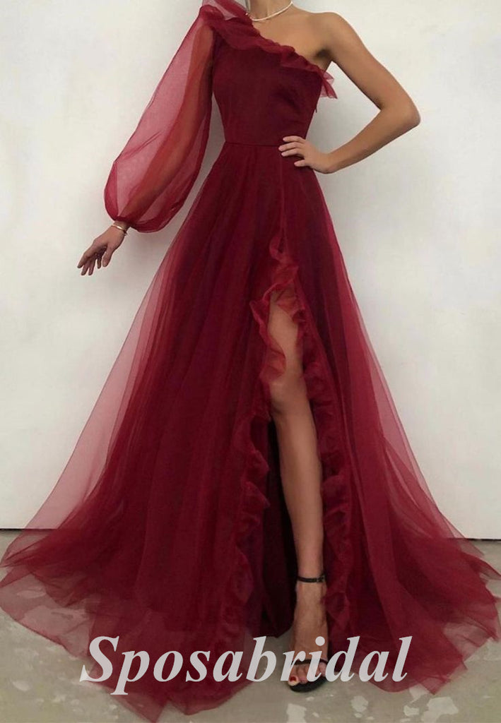 Sexy Tulle One Shoulder Long Sleeves Side Slit A-Line Long Prom Dresses,PD3696