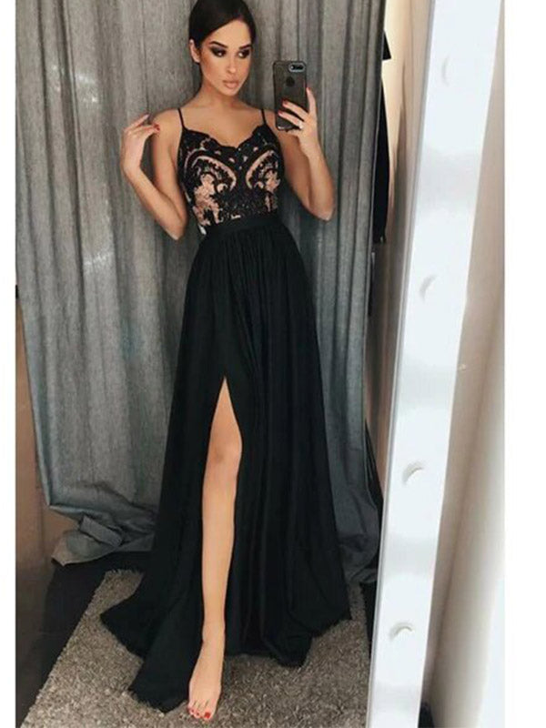 A-Line Spaghetti Straps Floor-Length Black Prom Dresses with Lace Split Online,PD0203