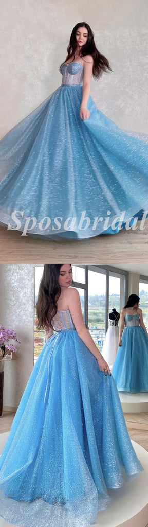 Sexy Sequin Tulle Spaghetti Srtraps Sleeveless Lace Up A-Line Long Prom Dresses, PD3598