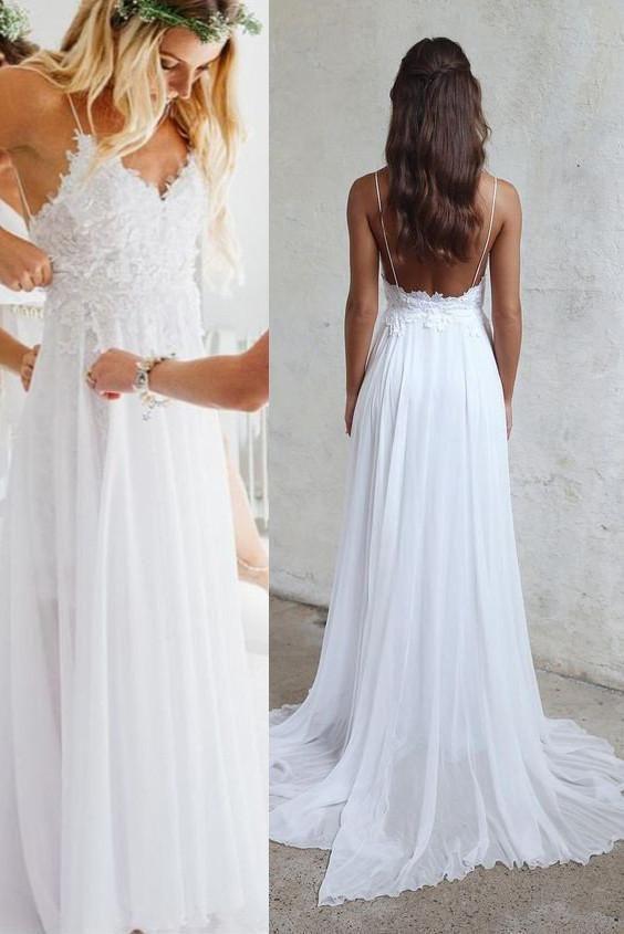 Sexy Spaghetti Strap Backless Lace Top A-line Cheap Beach Wedding Dresses, WD311
