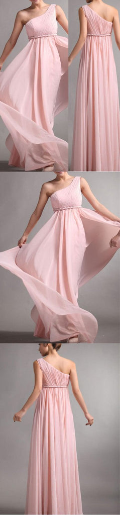 One Shoulder Pink Chiffon Simple Cheap Long Pleating Wedding Party Bridesmaid Dresses, WG49
