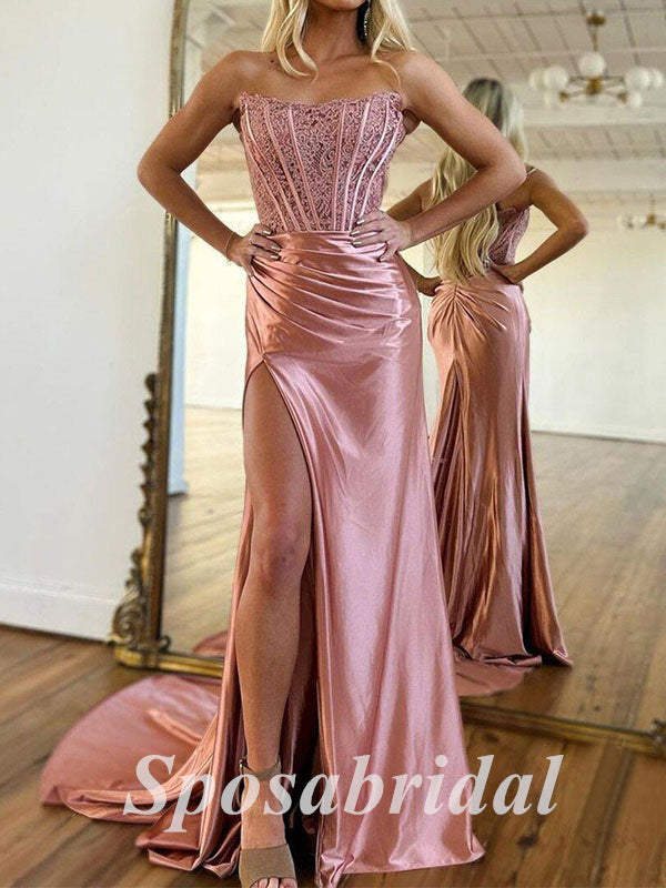 Sexy Lace And Satin Sweetheart Sleeveless Side Slit Mermaid Long Prom Dresses,PD3684