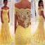 Long Lace Yellow Off Shoulder See-Through Back Evening Formal Fashion Prom Party Dress , PD0267