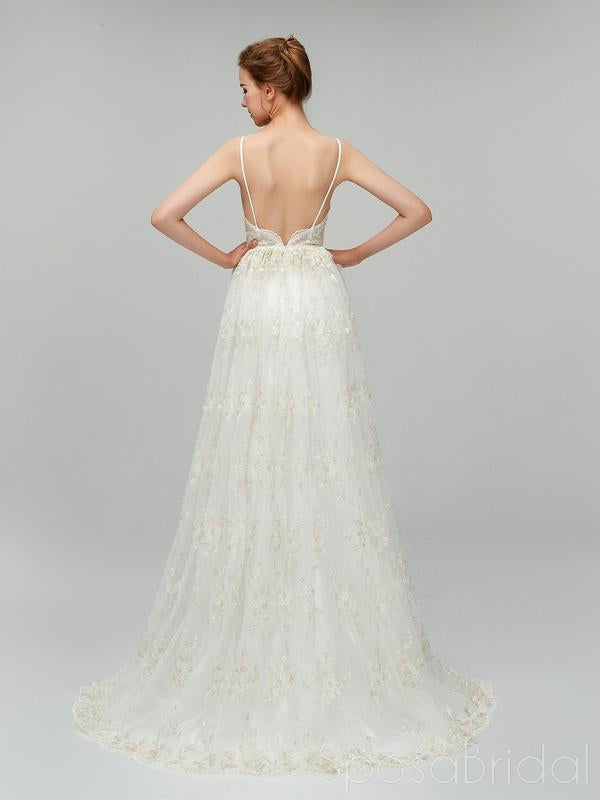 Sexy Long A-line Spaghetti Strap Backless Lace Wedding Dress, WD0046