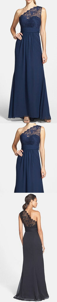 Elegant Navy Blue One Shoulder Lace Chiffon A Line Floor-Length Cheap Bridesmaid Dresses, WG64