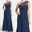 Elegant Navy Blue One Shoulder Lace Chiffon A Line Floor-Length Cheap Bridesmaid Dresses, WG64