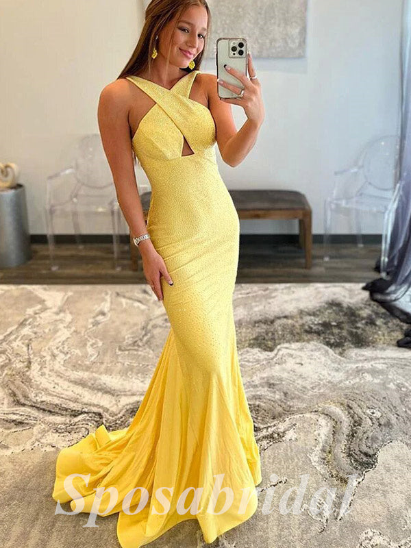 Sexy Shiny Special Fabric Sleeveless Mermaid Long Prom Dresses, PD3621