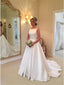 A-Line Bateau Backless Sweep Train White Satin Wedding Dress with Sash, Unique Design Bridal Gown, WD0035