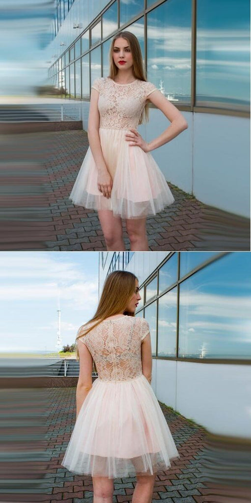 Cap Sleeves See-Through Cheap Free Custom Junior Short  Homecoming Dress with Lace, BD0245 - SposaBridal