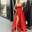 A-Line Custom Elegant Spaghetti Straps  Sweep Train Split Front Red Prom Dresses with Belt, PD0940