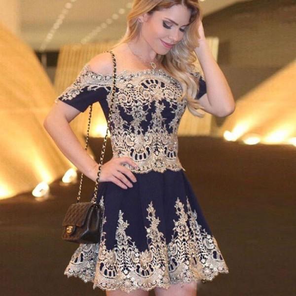 A-Line Off-the-Shoulder Short Sleeves Appliques Navy Blue Homecoming Dresses ,BD0255 - SposaBridal