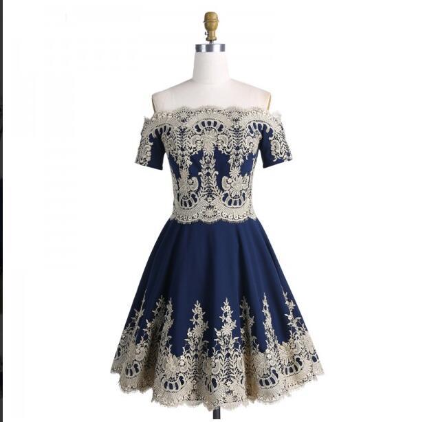 A-Line Off-the-Shoulder Short Sleeves Appliques Navy Blue Homecoming Dresses ,BD0255 - SposaBridal