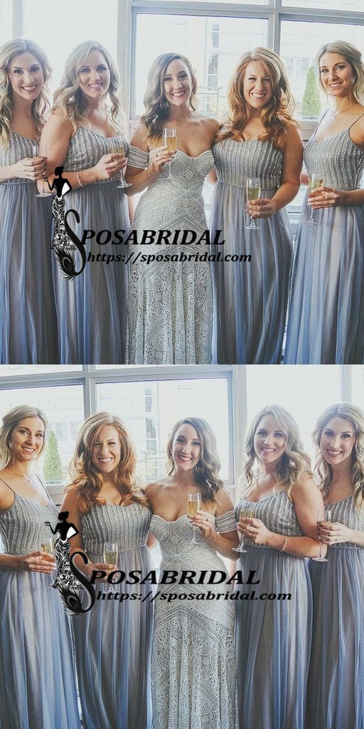 A-Line Spaghetti Straps Blue Sparkly Unique Elegant Hot Bridesmaid Dresses with Sequins,WG329 - SposaBridal