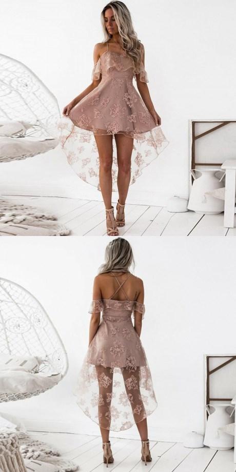 Cheap Modest Freshman Spaghetti Straps High-Low Blush Lace Prom Homecoming Dresses,BD0258 - SposaBridal