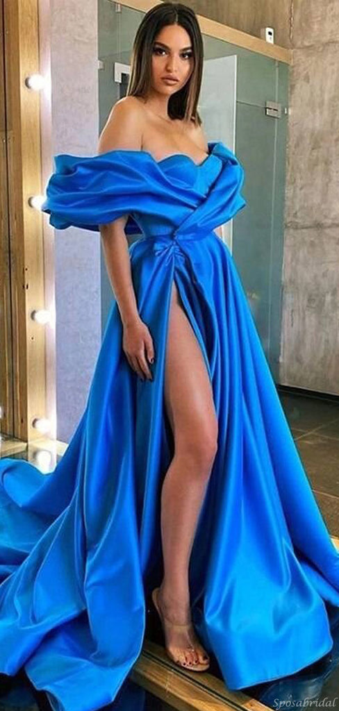 Sexy Royal Blue Off-shoulder A-line Side-slit Long Evening Prom Dresses, PD2338