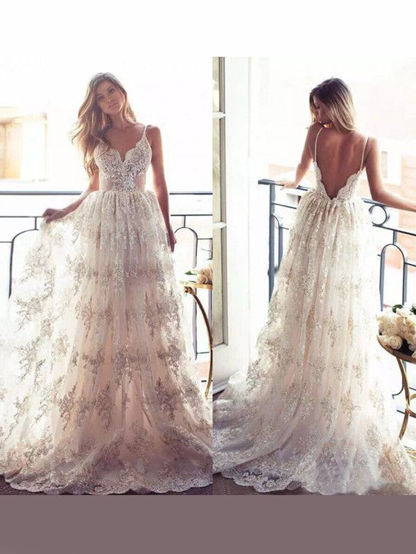 Sexy Long A-line Spaghetti Strap Backless Lace Wedding Dress, WD0046