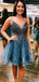 Sparkly Sea Blue V-Neck Spaghetti Strap Short Homecoming Dresses, BD0438