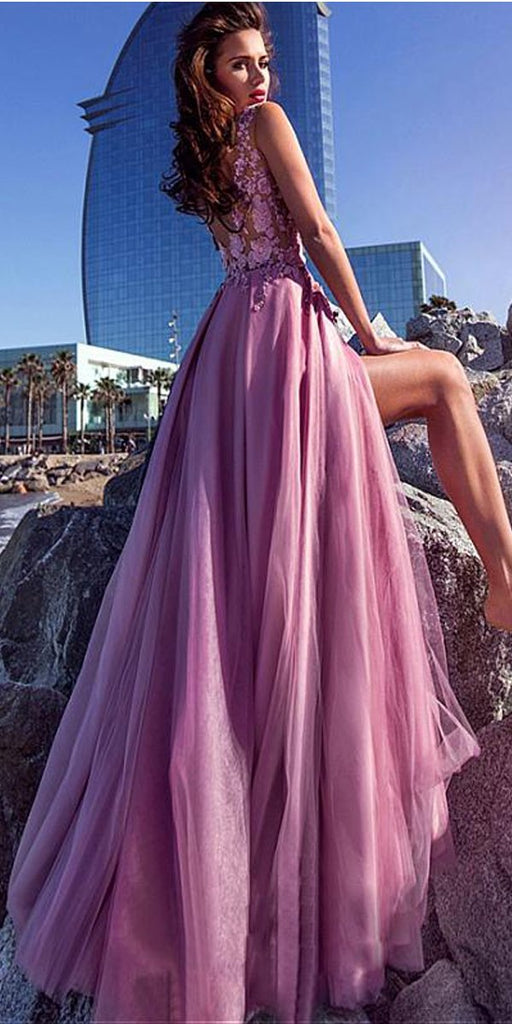 A-line Elegant Tulle Spaghetti Straps Neckline A-line Prom Dresses With Lace Appliques,PD1034 - SposaBridal
