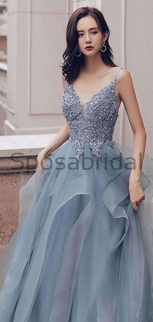 A-line V-Neck Lace Organza Long Real Made Formal Vintage Prom Dresses PD1754