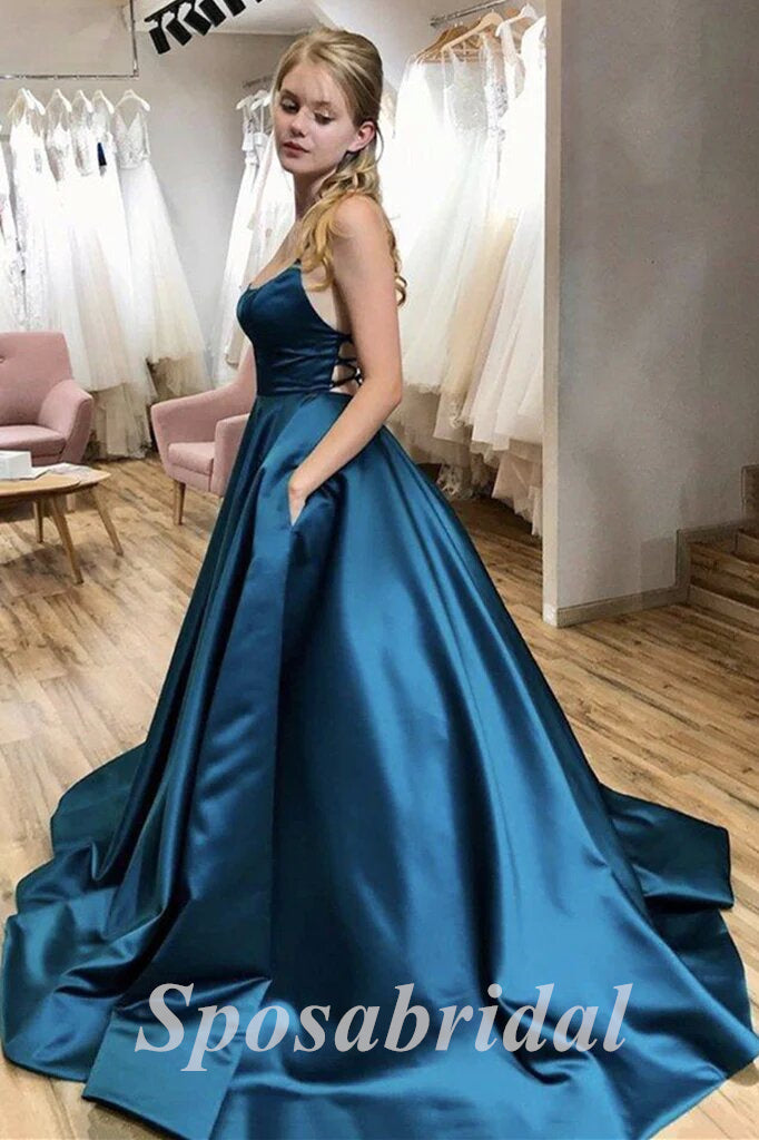 Sexy Soft Satin Spaghetti Straps V-Neck Sleeveless Lace Up A-Line Long Prom Dresses With Pocket, PD3582