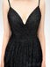 Black Sequins Spaghetti Straps V-neck A-line Slit Prom Dresses, PD0823