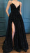 Black Sequins Spaghetti Straps V-neck A-line Slit Prom Dresses, PD0823