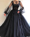 Black Long A-line Prom Dress, Long sleeves Modest Prom Gown ,PD0879 - SposaBridal