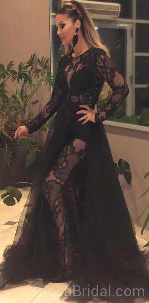 Black Long  Sleeves Lace Tulle Modest Hot Sexy Elegant Long Prom Dresses online, PD1219