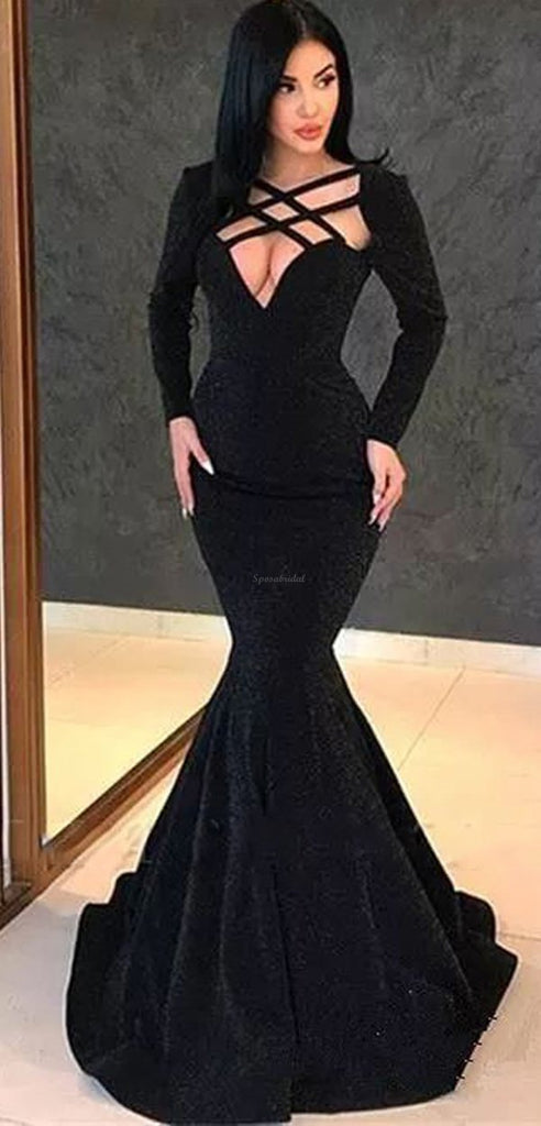 Black Long Sleeves Mermaid Elegant Formal Sexy Cheap Long Prom Dresses  PD1443