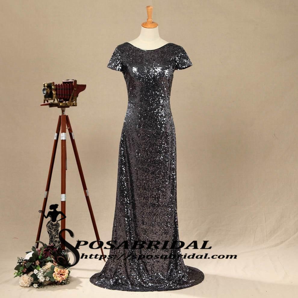 Black and Rose Gold Sequins Mermaid Cheap Sparkly Custom  Cowl Back Cap Sleeves Scoop Bridesmaid Dresses , WG294 - SposaBridal