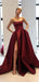 Burgundy Strapless A-line Cheap Side-slit Long Prom Dresses, PD0787