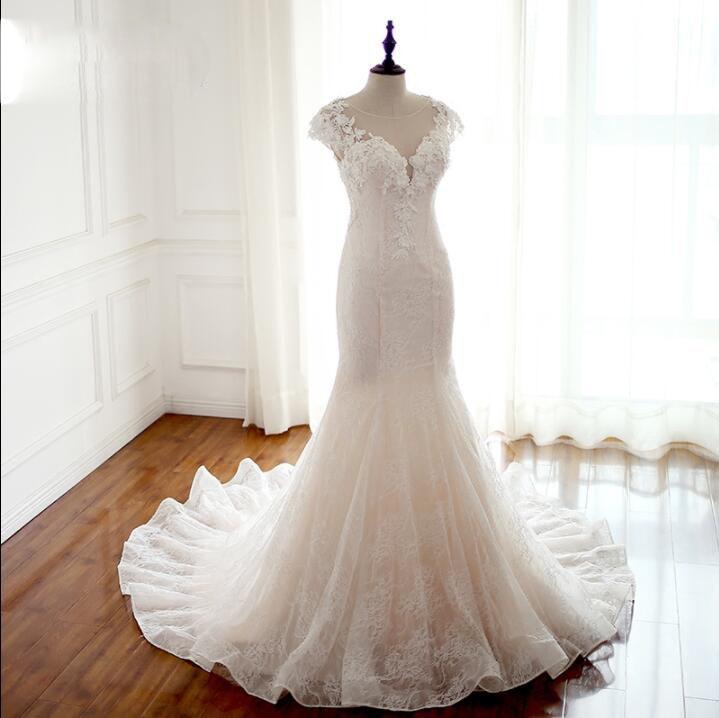 Cap Sleeves Trumpet Sexy Wedding Dresses, High Quality Handmade Bridal Gown with Train , WD0271 - SposaBridal