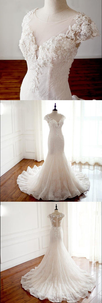 Cap Sleeves Trumpet Sexy Wedding Dresses, High Quality Handmade Bridal Gown with Train , WD0271 - SposaBridal