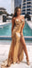 Charming Gold Sequin Mermaid Sexy Side-slit Evening Prom Dresses, PD2364